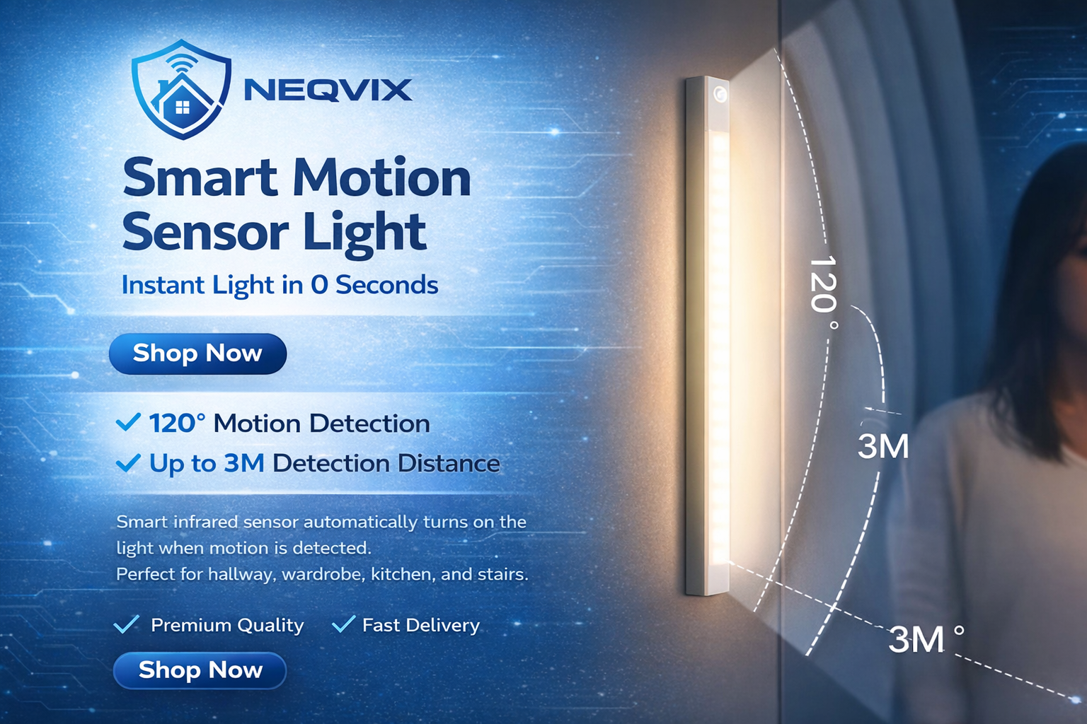 NEQVIX motion sensor LED light bar for wardrobe, kitchen and stairs lighting