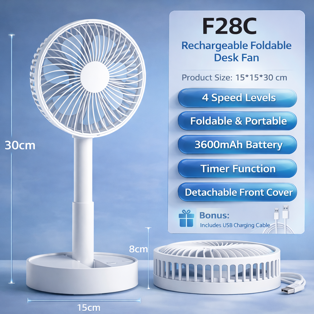 NEQVIX 6 inch portable rechargeable USB folding desk fan with 3600mAh battery and oscillating shaking head
