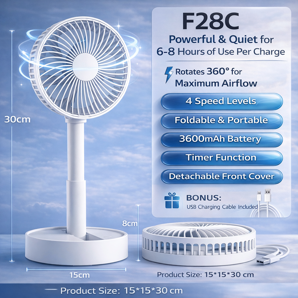 NEQVIX 6 inch portable rechargeable USB folding desk fan with 3600mAh battery and oscillating shaking head