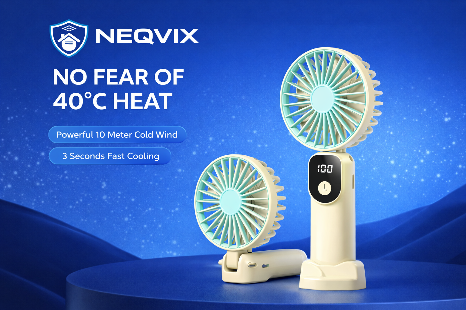 NEQVIX portable rechargeable mini fan with digital display for office desk and travel