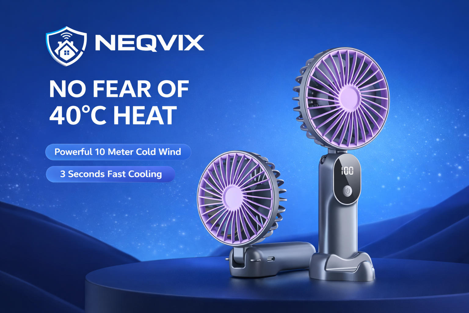 NEQVIX portable rechargeable mini fan with digital display for office desk and travel